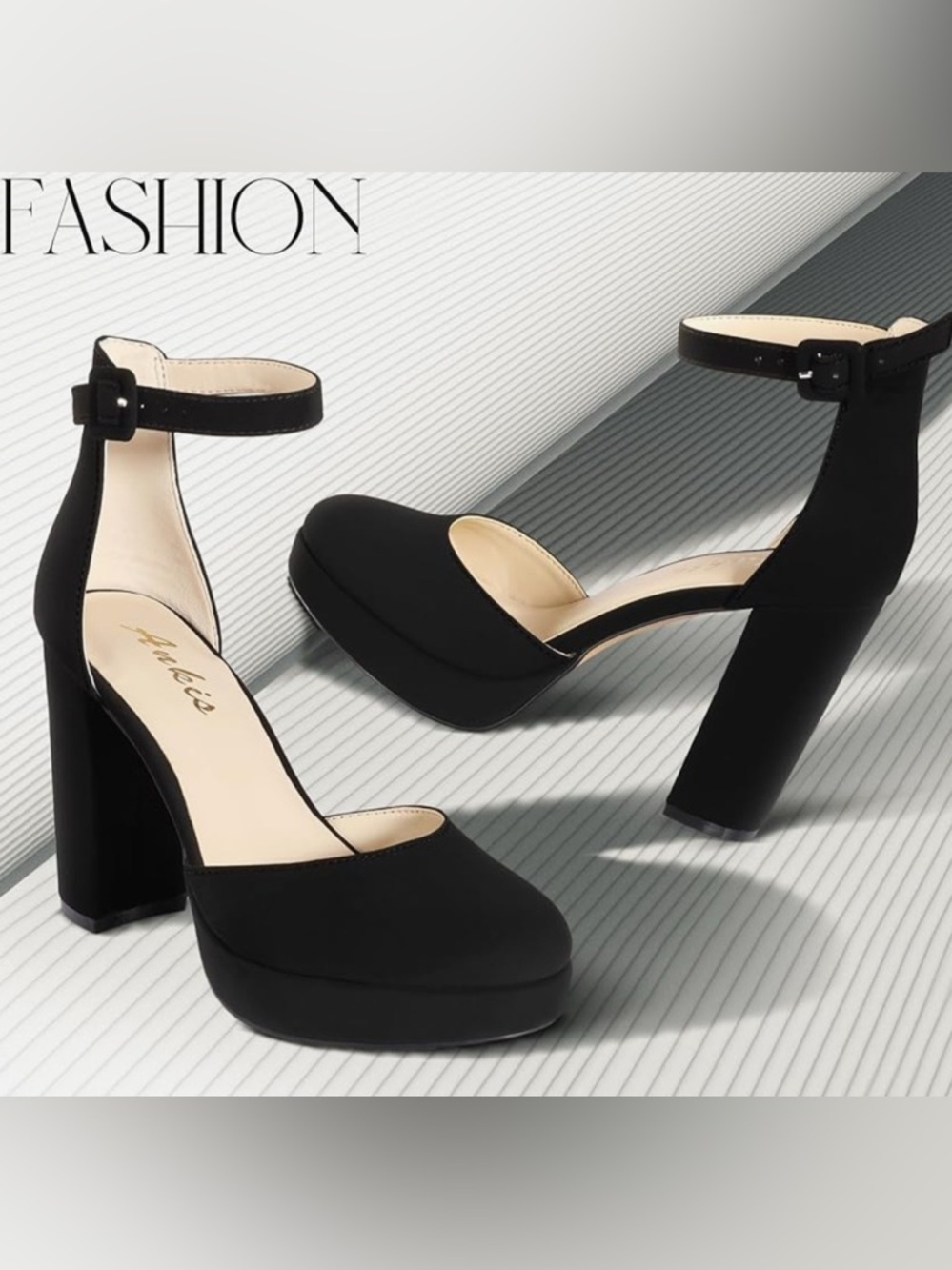 Ankle-Strap Black Platform Block Heels - Women Shoes